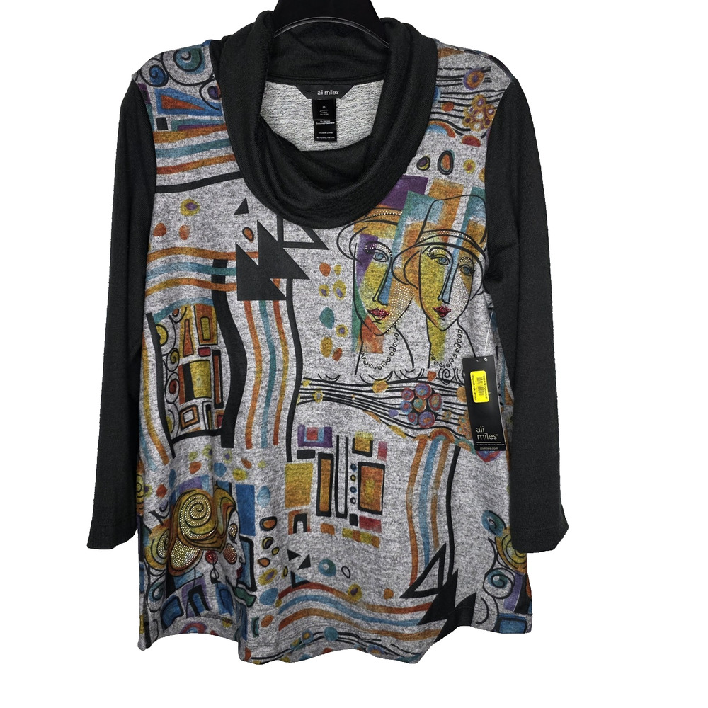 Ali Miles Womens Med Black Multi Artsy 3/4 Sleeve Cowl Neck Knit Tunic NWT